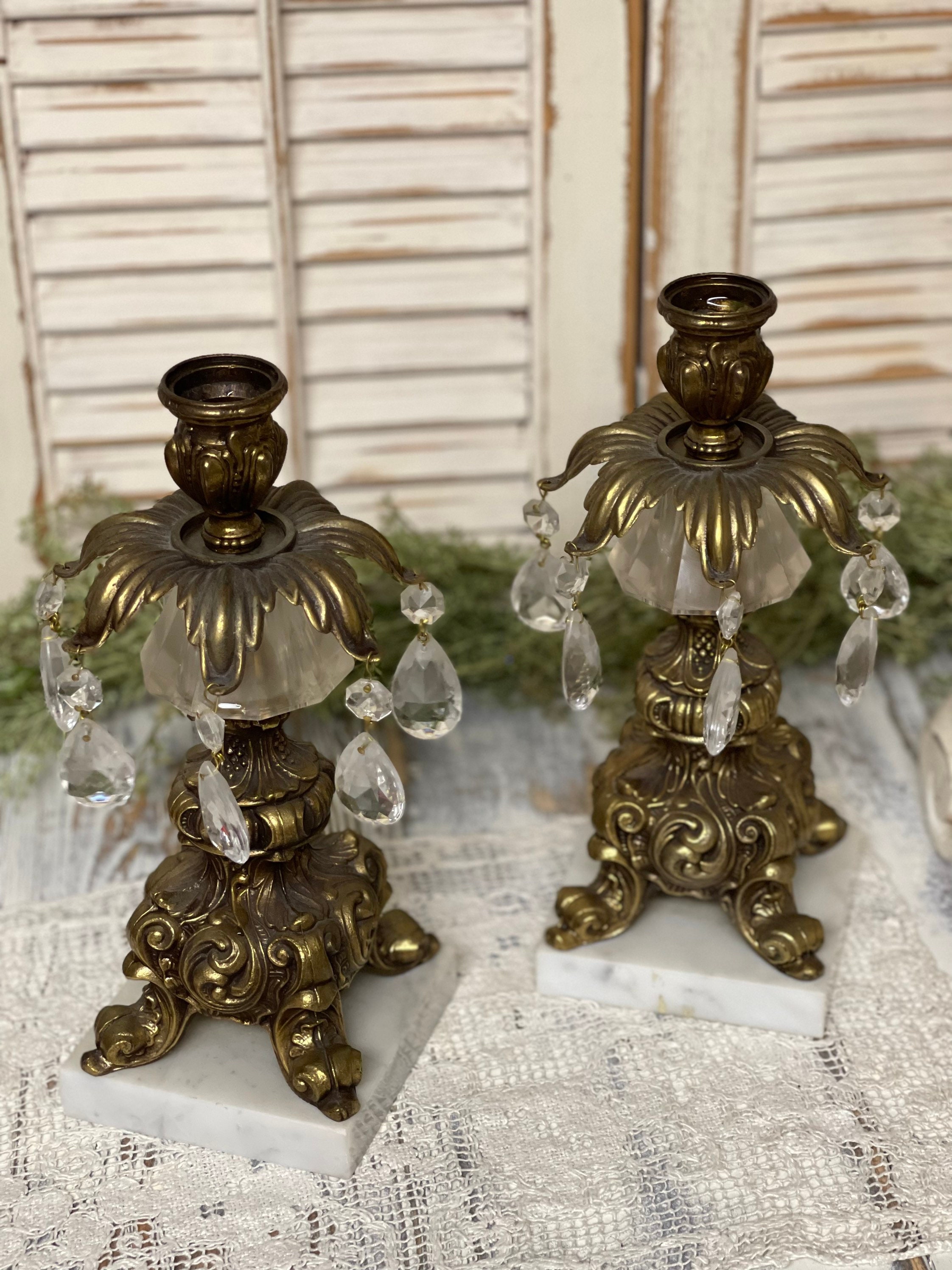 Brass and Marble Candlestick Holders/ Crystals/ Victorian/ Heavy/ Pair/ Set of 2 Candlesticks