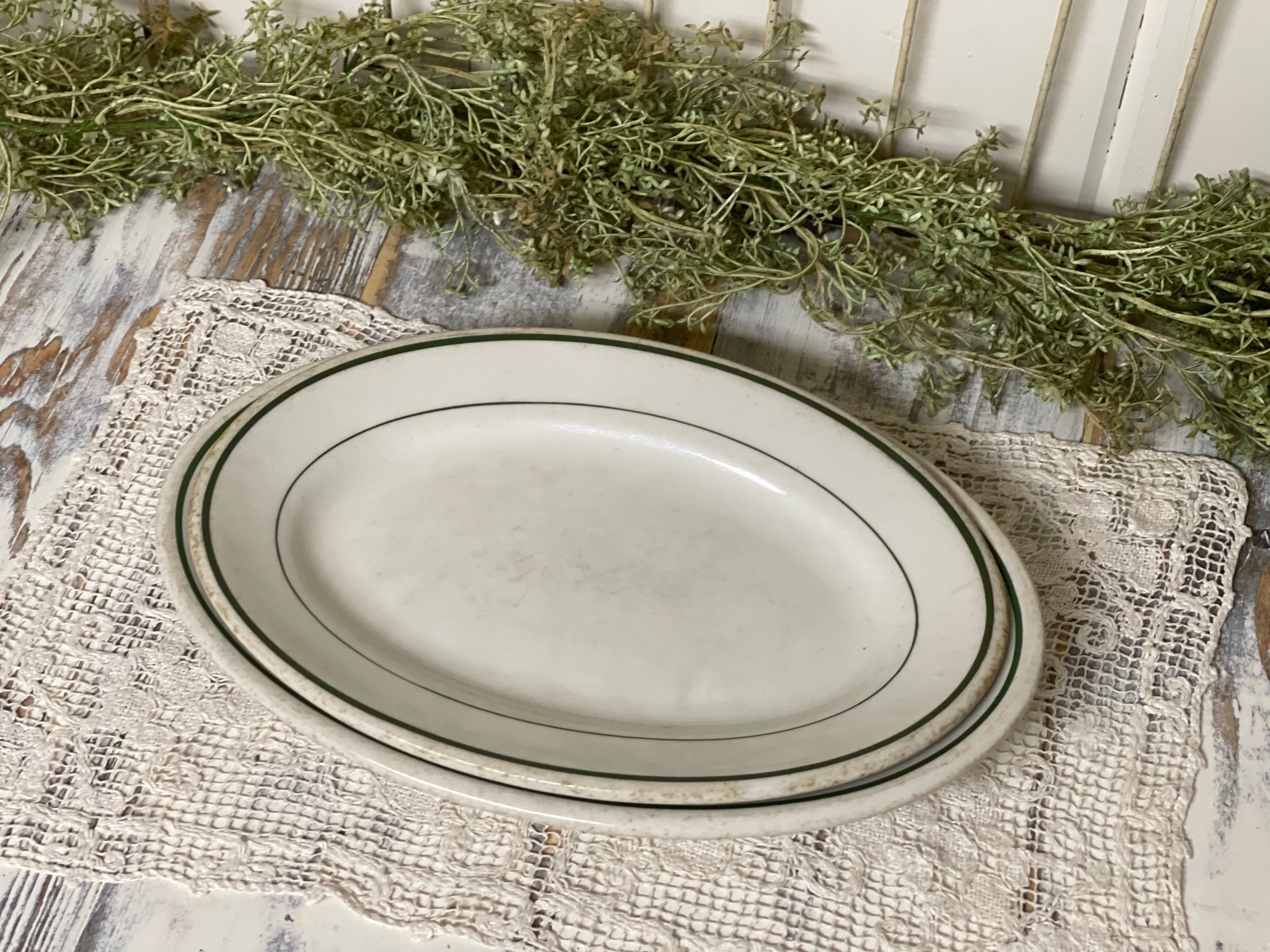 Vintage Buffalo China/ Green Line / Oval Dish/ Vintage China