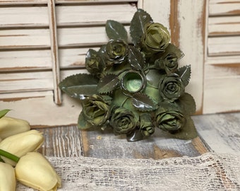 vintage metal candle stick holder/ green/ roses/ floral/ table decor/ single candle/ Victorian/ spring
