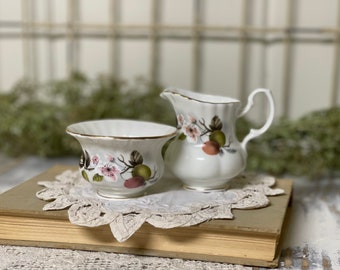 Small vintage creamer and sugar bowl/ tea set/ vintage China/ Thorlez/ English bone china/ Staffordshire England/ fruit and flower design