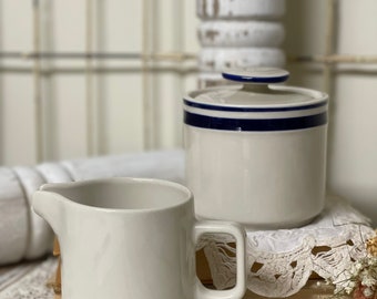 Vintage blue and white creamer/ sugar bowl/ cobalt blue/ blue striped/ stone ware/ orbit/ kitchen/ coffee/ tea/ cottage