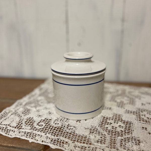 French butter crock/ butter dish/ white butter crock/ blue lined/ vintage butter container/ French stone ware/ European butter dish/ crock