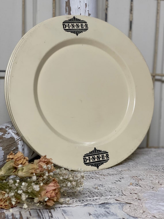 Vintage Metal Dinner Plates Cream Colored Black Lettering