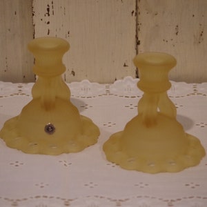 Westmoreland ~ Vintage Westmoreland Candle Holders ~ Westmoreland Frosted Yellow Glass ~ Doric Open Lace ~ Yellow Candle Sticks ~ Yellow