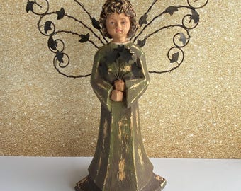 Vintage Angel Figurine ~ Folk Art Distressed Rustic Finish Angel With Metal Halo And Wings ~ 14" Angel
