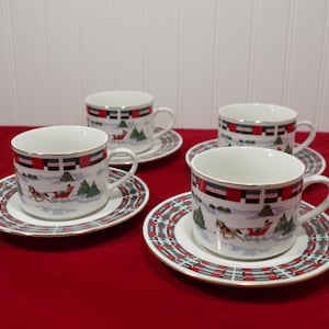 Vintage Lynn&#39;s Fine China Christmas At Home ~ Christmas Cups And Saucers ~ Winter Scene Sleigh Ride