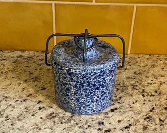 Vintage Stoneware Cheese Crock ~ Blue Spongeware Lidded Stoneware Crock ~ Butter Crock ~ Cobalt Blue Stoneware Crock ~ Lidded Crock