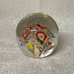 Vintage Glass Ball ~ 2 3/4&quot; In Diameter Glass Ball Paperweight ~ Red And White Floral Design