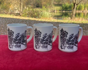 Vintage Winter Holiday Mugs ~ Horse Drawn Sleigh In The Snow Mugs ~ Snowy Farmhouse Mugs ~ Christmas Hot Cocoa Mugs ~ Set Of 3 ~ Christmas