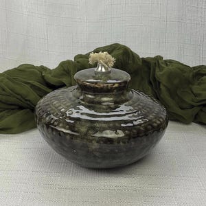 Vintage Ceramic Pottery Oil Lamp ~ Textured With Glossy Green Brown Glazed Oil Lamp