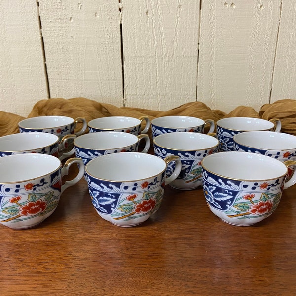 Vintage Gumps San Francisco Cups ~ Set Of 11 Gumps Kiku Asian Flowers Cups ~ Made In Japan Gumps Flat Cups ~ Porcelain Floral Coffee Cups