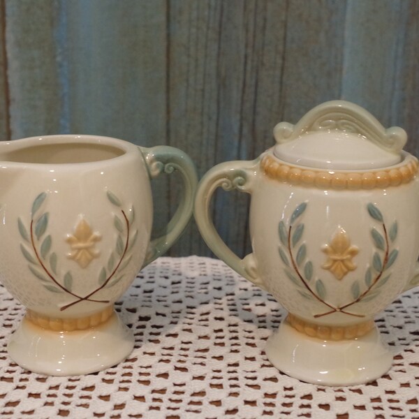 Vintage Creamer And Sugar Set ~ Fleur De Lis Creamer And Sugar ~ French Country Creamer And Sugar Set ~ Cottage Sugar Bowl And Creamer