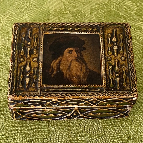 Antique Italian Florentine Handcrafted Wooden Leonarado Da Vinci Box ~ Leonardo Da Vinci ~ Distressed Gilded Hand Painted Wood Box