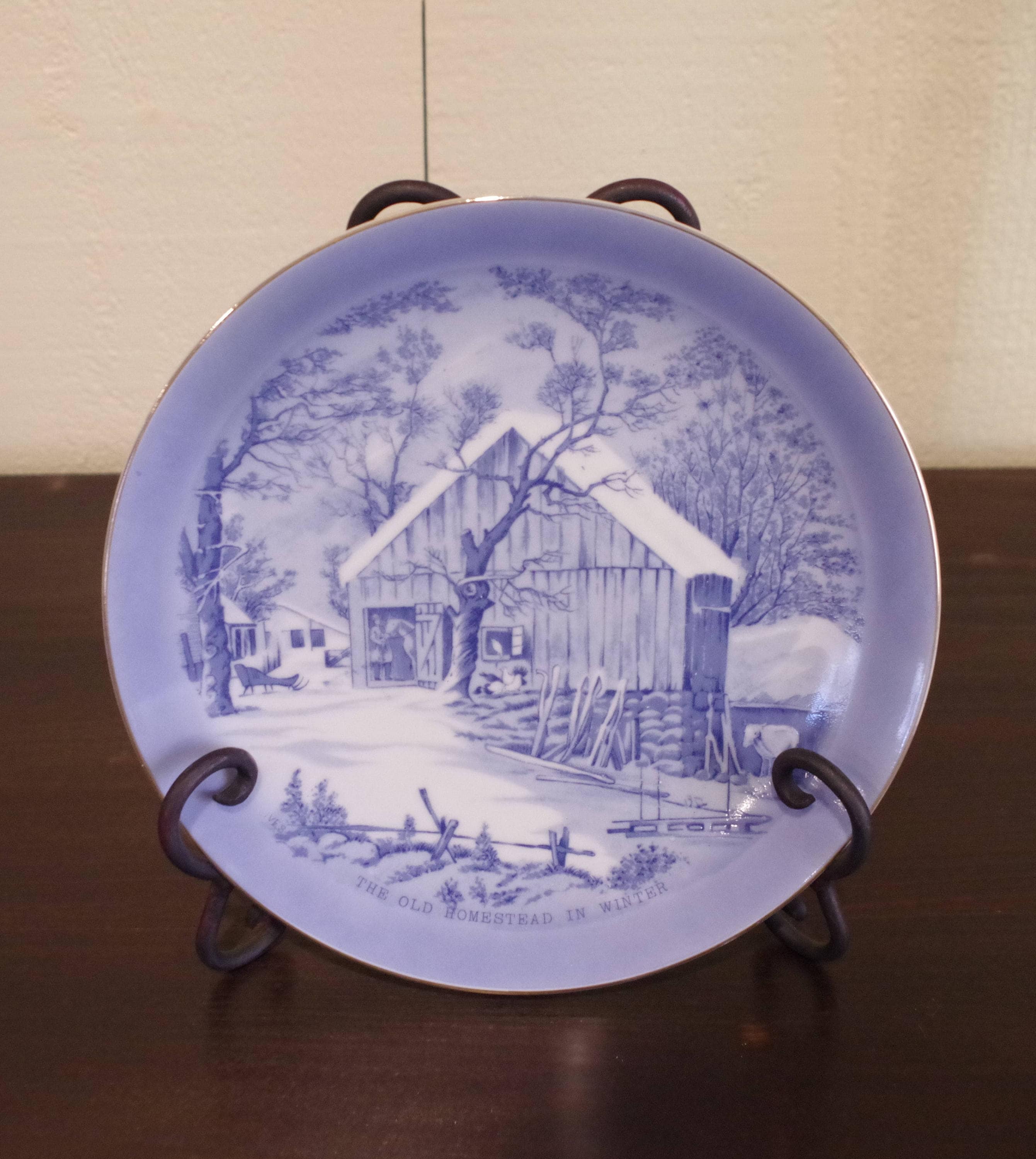 Currier & Ives ~ Vintage Plate Blue & White 8" The Old Homestead in Winter Made Japan Display