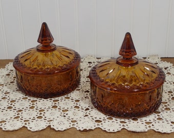Vintage Indiana Glass Lidded Dishes ~ Matching Set Of 2 ~ Amber Glass Princess Design ~ Amber Glass Candy Dish ~ Fall Decor