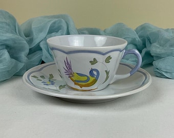 Vintage Perouges By Longchamp Tea Cup And Saucer ~ Bird And Flowers Tea Cup And Saucer ~ Tea Cup With A Bird ~ Crafted In France