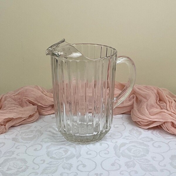 Vintage Press Glass Beverage Pitcher ~ Ribbed Inside With A Hobnail Base ~ 8" Glass Pitcher ~ Ice Tea Pitcher ~ Heavy Glass Pitcher