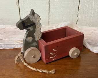 Vintage Wooden Horse Wagon ~ Rustic Wood Horse Wagon ~ Primative Horse Wagon ~ Country Christmas Horse With Wagon ~ Wood Horse ~ Gray Horse