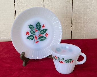 Vintage Milk Glass Holly Berry Cup And Plate ~ Termocrisa Mexico White Glass Holly Berry Tea Cup With Matching Plate ~ Holly Berry Tea Cup