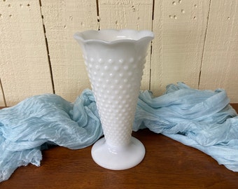 Vintage White Glass Hobnail Fluted Vase ~ Milk Glass Hobnail Vase ~ 9" High Milk Glass Vase ~ Tall Hobnail Vase ~ Milk Glass Vase