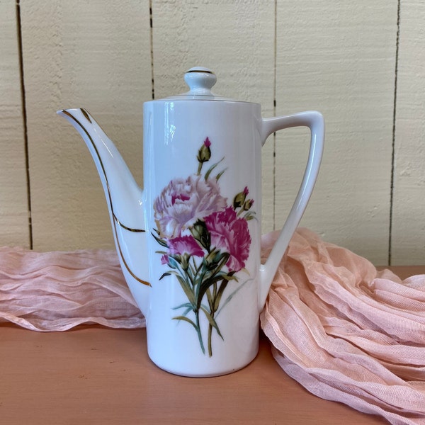 Vintage Teapot ~ Tall Floral Teapot ~ Porcelain Teapot With Pink Peonies And Gold Accent ~ Peony Flowers