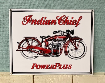 Vintage Indian Chief Power Plus Porcelain Enamel Sign ~ Ande Rooney Porcelain Enamel Advertising Signs Made In USA ~ Motorcycle Signs