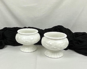 Vintage White Glass Planters ~ Ivy Design Milk Glass Pedestal Planters ~ 2 White Planters ~ Flared Ribbed Pedestal Base Milk Glass Planters