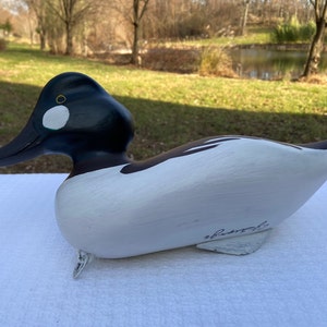 Puede incluir: Señuelo de madera pintado a mano de un pato buceador común. El pato está pintado de blanco con marcas negras y verdes. El señuelo está firmado "W. Ruddy" en la parte inferior.