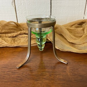 Vintage Brass And Green Glass Votive Candle Holder ~ Footed Green Art Glass Votive Candle Holder