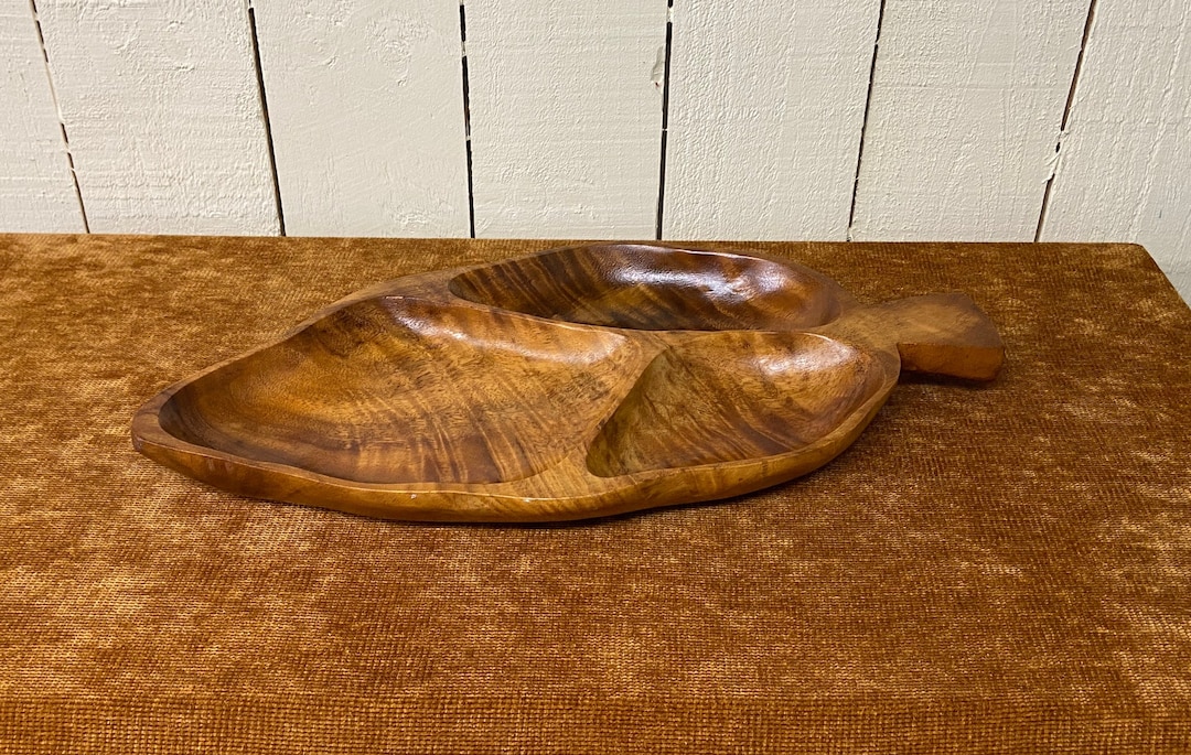 Vintage Wooden Leaf Bowl 20 L X 10 W Divided Wood Leaf Bowl Made in