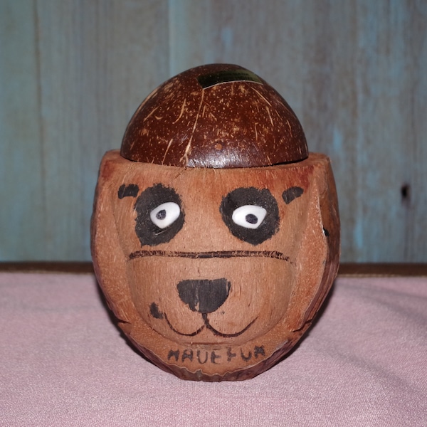 Coconut ~ Vintage Hand Carved Coconut Bear Head ~ Coconut Souvenir Money Bank ~ Coconut Head ~ Bear Head ~ Tiki Bar ~ Philippines ~ Tropical