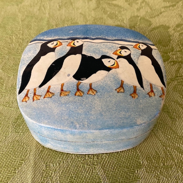 Vintage Penguin Trinket Box ~ Lacquered Hand Painted Trinket Box With Penguins ~ Penguin Jewelry Box ~ Made In India ~ Penguin Ring Box