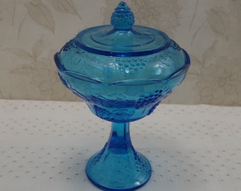 Vintage Blue Glass Pedestal Lidded Bowl ~ Grape Blue Glass Dish ~ Grapes ~ Blue Glass Candy Dish