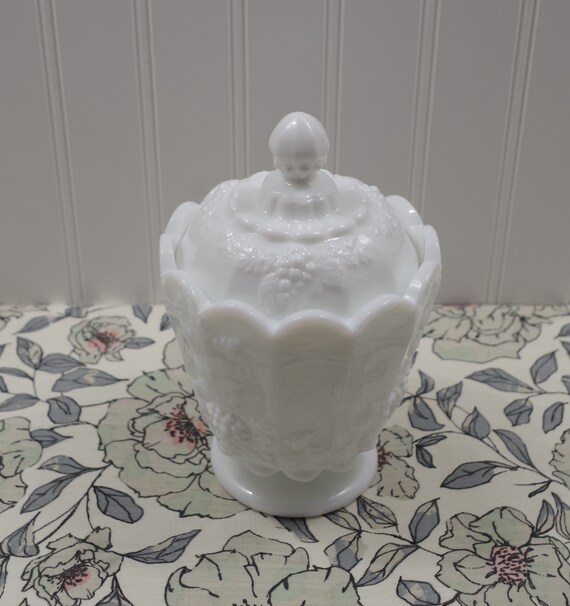 Vintage Westmoreland Glass Canister Paneled Grape Milk Glass Etsy