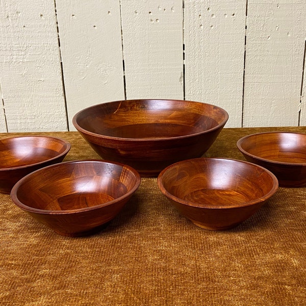 Vintage Wooden Bowl Set ~ Large Wood Bowl With 4 Smaller Bowls ~ Made In Vietnam ~ Wood Salad Bowl Set ~ 12" Wood Bowl ~ Wood Bowls