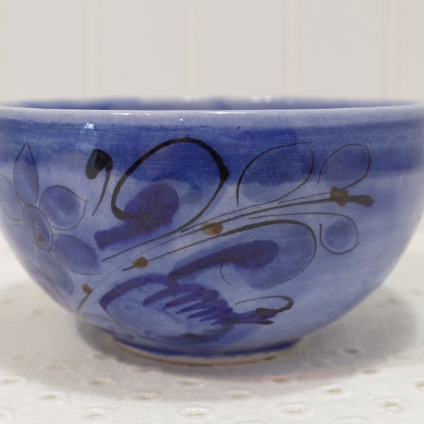 Vintage Mexican Pottery Blue Glaze Tonala Bird Bowl ~ Signed Mexican Pottery ~ Blue Bird Mexican Pottery Bowl ~ Blue Glaze Floral Pottery