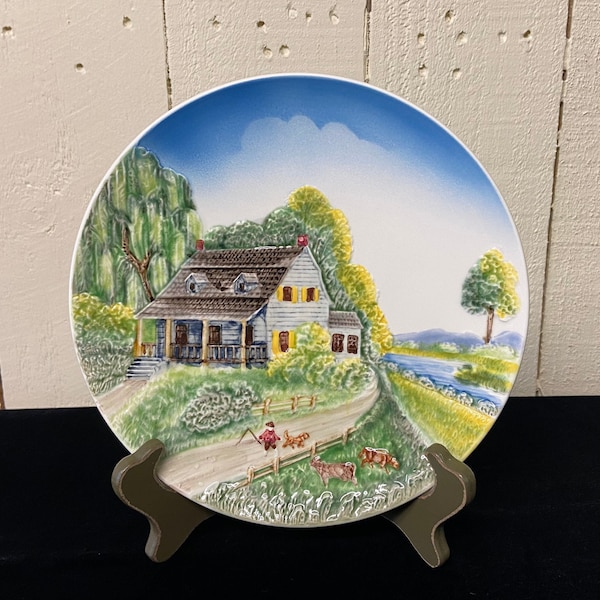 Vintage German Majolicia Plate ~ Western Germany Raised Relief Cottage Scene Plate ~ West Germany Number 23 Stamped 3761 On Back ~