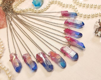 Blue Pink Aura Quartz Pendant, Multicolor Quartz Pendant, Quartz Necklace, Crystal Pendant, Rainbow Crystal Pendant, Boho, Wiccan, Witch