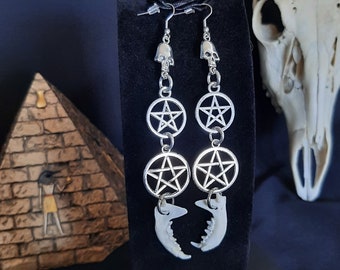 Mink Jawbone Earrings, Bone Earrings, Bone Jewelry, Goth Bone Jewelry, Pentagram Earrings, Gothic Earrings, Skull Earrings, Wiccan Earrings