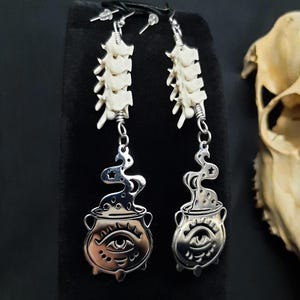 Big Cauldron Earrings, Mystical, Eye Earrings, Witch Earrings, Potion Bottle, Gothic Earrings, Bone earrings, Rattlesnake Bone