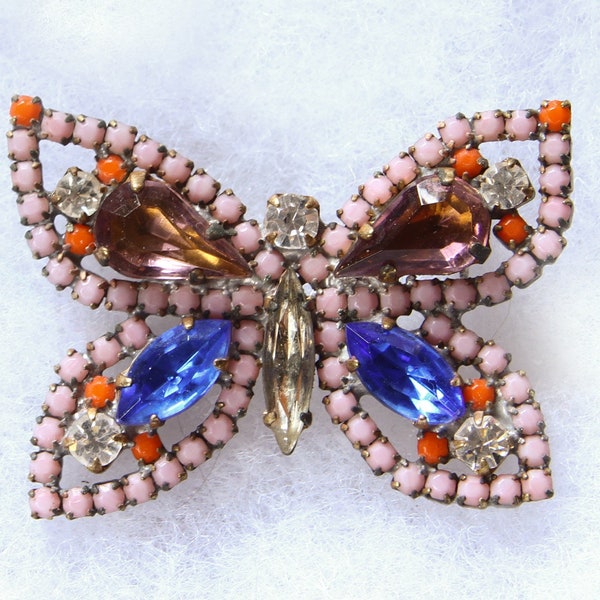 Czech Rhinestone Pink Butterfly Brooch Pin Husar D Style Czechoslovakia  Vintage Antique Jewelry Estate Sale 1950s  Retro Mid Century