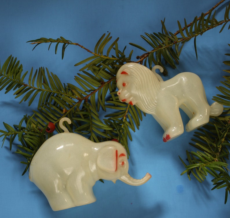 Antique Celluloid Circus Tiger Elephant Christmas Ornaments White Red Feather Tree Vintage Holiday 1930s