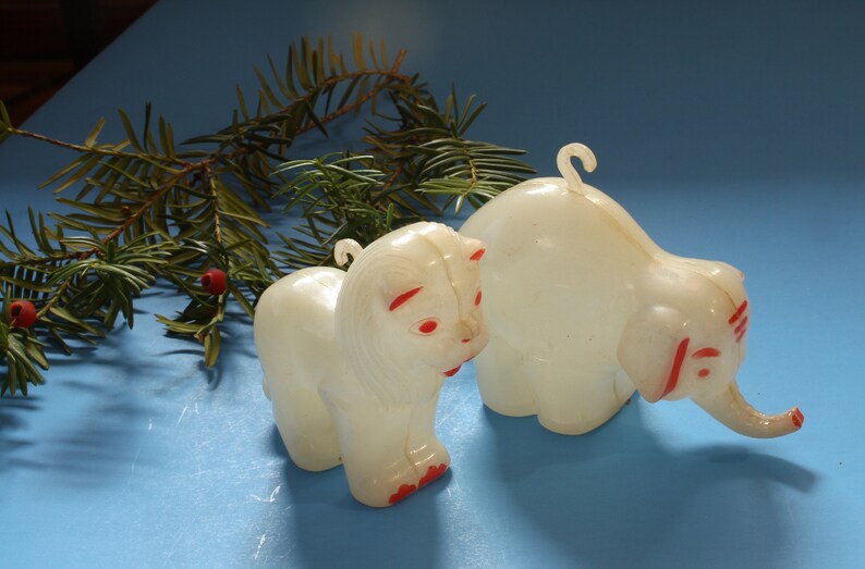 Antique Celluloid Circus Tiger Elephant Christmas Ornaments White Red Feather Tree Vintage Holiday 1930s
