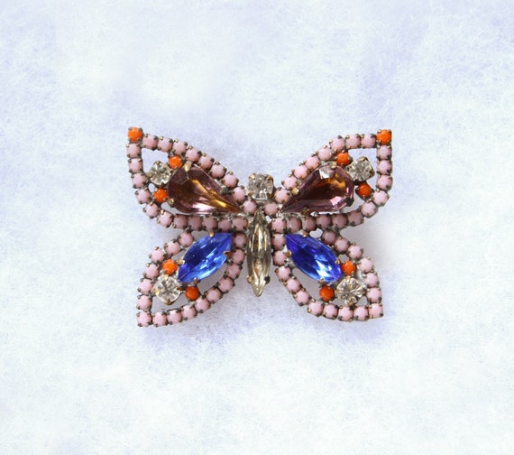 Czech Rhinestone Pink Butterfly Brooch Pin Husar … - image 1