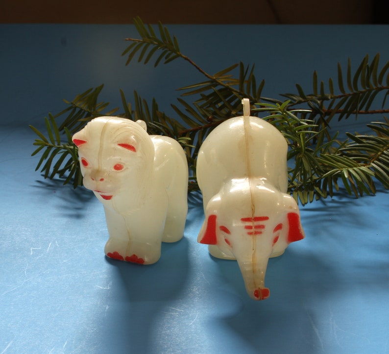 Antique Celluloid Circus Tiger Elephant Christmas Ornaments White Red Feather Tree Vintage Holiday 1930s