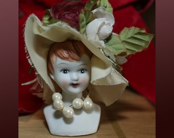 Victorian Doll Head Pin Cushion Porcelain Top Piece Vintage Christmas Ornament Craft Sewing