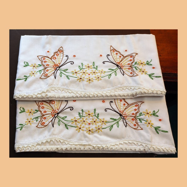 Butterfly Embroidery Pillow Cases Slips Vintage Hand Made Pair Yellow Orange Rust Fanciwork Crocheted Edge  Flowers Embroidered White Cotton