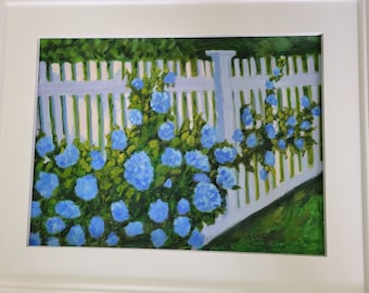 Framed Giclee Oil 12x16 Hydrangeas, Cape Cod, Oil on Canvas, Blue Hydrangea