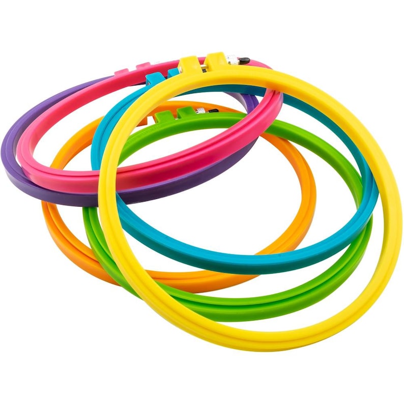 May include: A set of six colorful embroidery hoops, each with a different bright color: yellow, green, orange, blue, purple, and pink.
