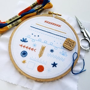 Beginners Hand Embroidery Starter Kit with Stitch Sampler Printed Fabric, 6 Skeins of Floss, Tools & Step by Step Instructional Guide